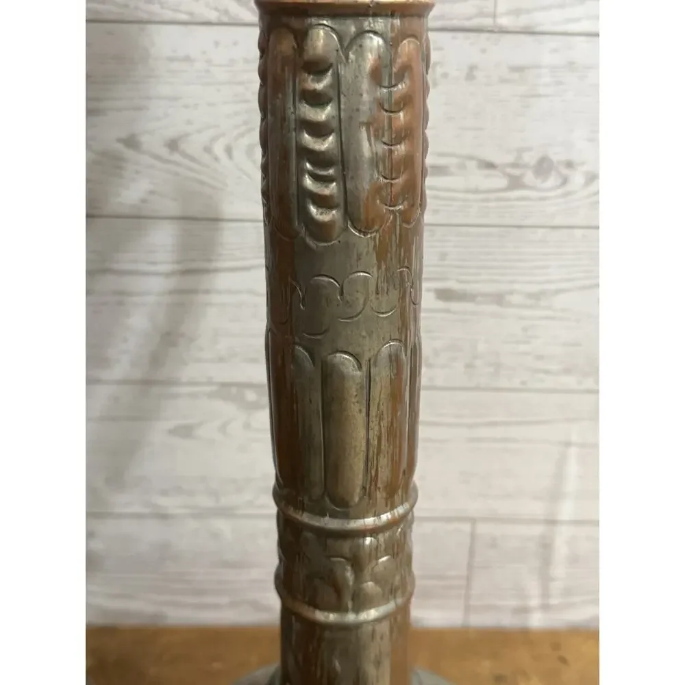 2 Large Metal Ornate Candlesticks with Handle Great Patina